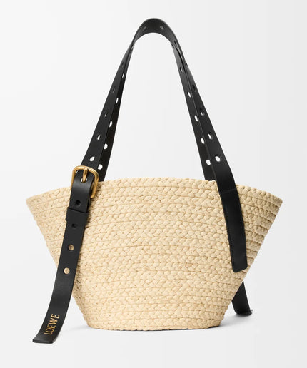 LOEWE Small Punch Hole basket in raffia and calfskin