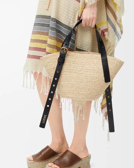 LOEWE Small Punch Hole basket in raffia and calfskin