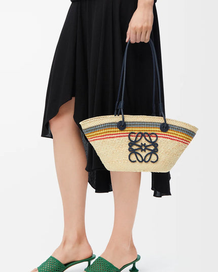 LOEWE Small Anagram basket in iraca palm and calfskin