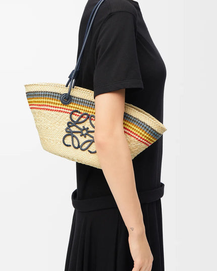 LOEWE Small Anagram basket in iraca palm and calfskin