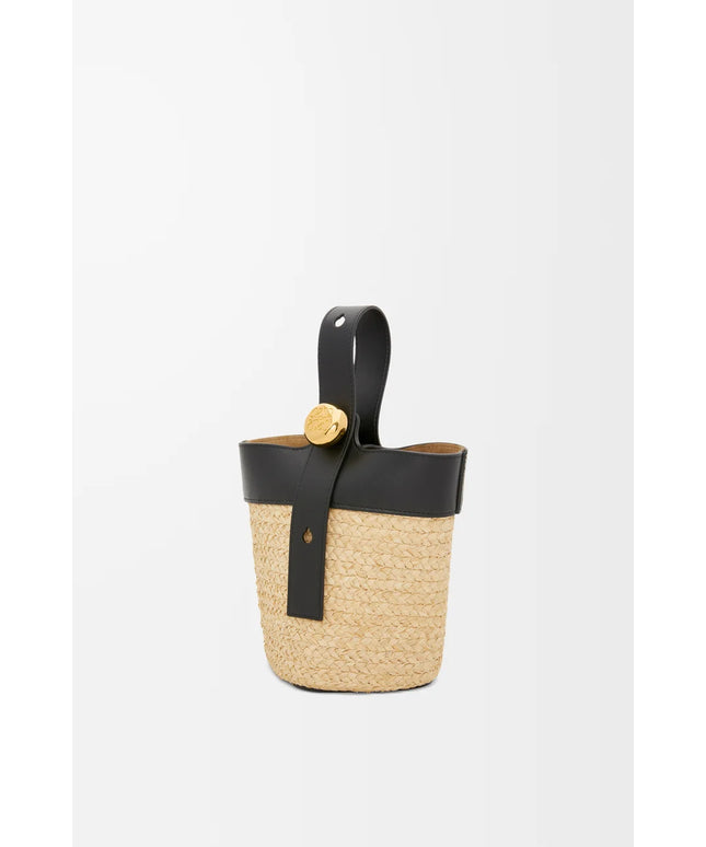 LOEWE Mini Pebble bucket in raffia and calfskin