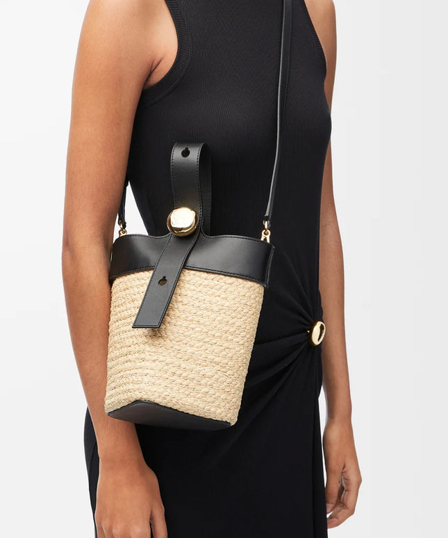 LOEWE Mini Pebble bucket in raffia and calfskin