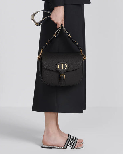 Large Dior Bobby Bag Black Grained Calfskin with Blue Dior Oblique Embroidered Shoulder Strap