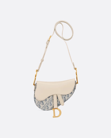 Mini Soft Saddle Bag with Strap Blue Dior Oblique Chambray with Raffia Effect and Light Biscuit Smooth Calfskin