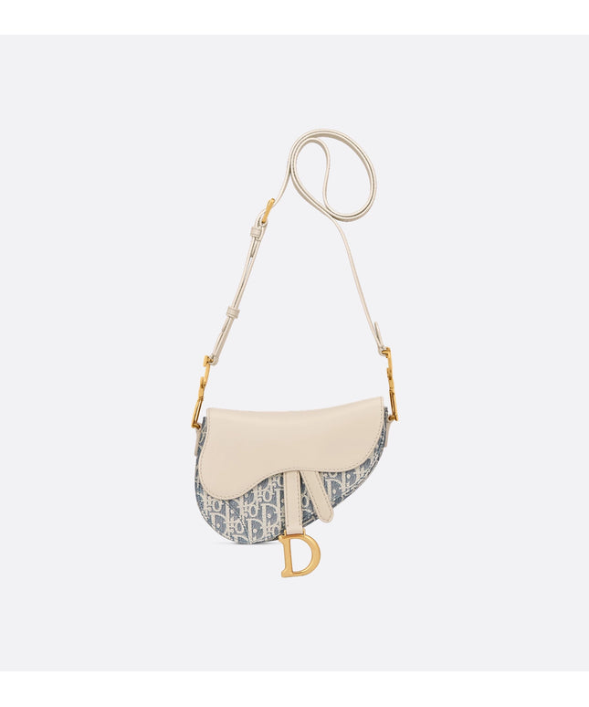 Mini Soft Saddle Bag with Strap Blue Dior Oblique Chambray with Raffia Effect and Light Biscuit Smooth Calfskin