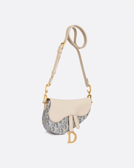 Mini Soft Saddle Bag with Strap Blue Dior Oblique Chambray with Raffia Effect and Light Biscuit Smooth Calfskin