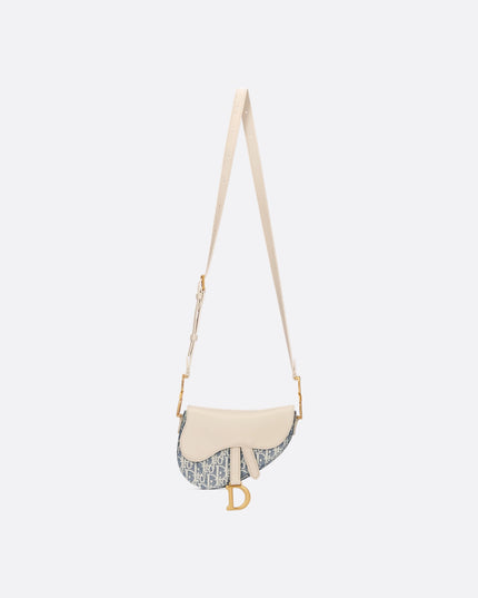 Mini Soft Saddle Bag with Strap Blue Dior Oblique Chambray with Raffia Effect and Light Biscuit Smooth Calfskin