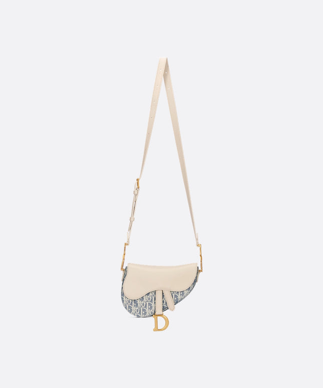 Mini Soft Saddle Bag with Strap Blue Dior Oblique Chambray with Raffia Effect and Light Biscuit Smooth Calfskin