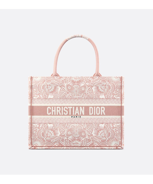 Medium Dior Book Tote Peach Blossom Pink and White D-Butterfly Paisley Embroidery (36 x 27.5 x 16.5 cm)