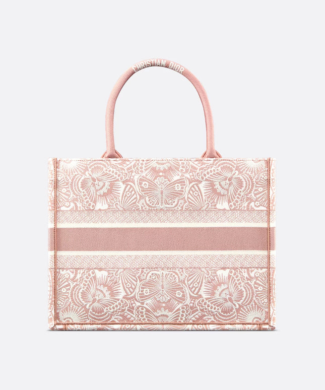Medium Dior Book Tote Peach Blossom Pink and White D-Butterfly Paisley Embroidery (36 x 27.5 x 16.5 cm)