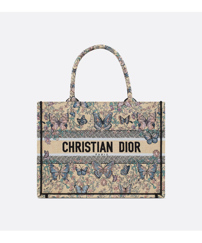 Medium Dior Book Tote Raffia with Blue Toile de Jouy Papillon Embroidery (36 x 27.5 x 16.5 cm)