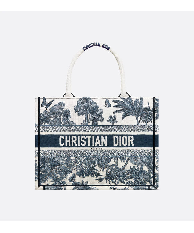 Dioriviera Medium Dior Book Tote White and Blue Toile de Jouy Palms Embroidery (36 x 27.5 x 16.5 cm)