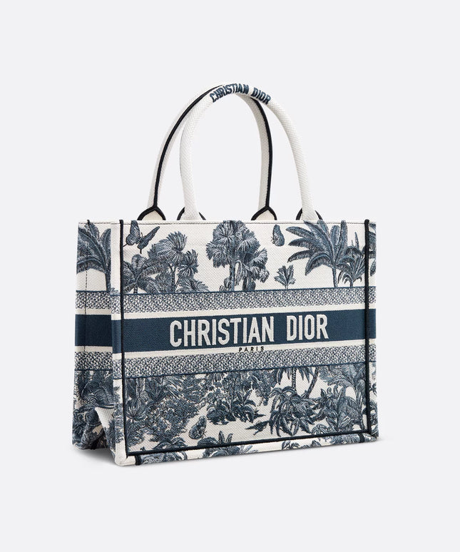 Dioriviera Medium Dior Book Tote White and Blue Toile de Jouy Palms Embroidery (36 x 27.5 x 16.5 cm)