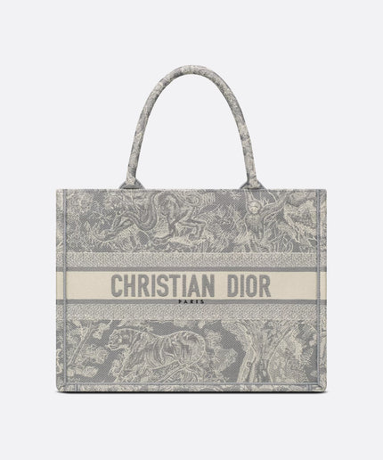 Medium Dior Book Tote Gray and Ecru Toile de Jouy Reverse Embroidery (36 x 27.5 x 16.5 cm)