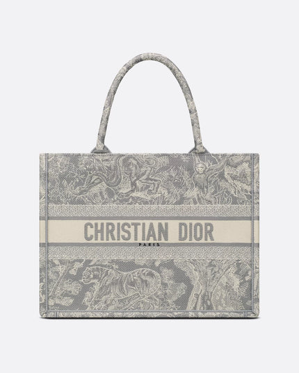 Medium Dior Book Tote Gray and Ecru Toile de Jouy Reverse Embroidery (36 x 27.5 x 16.5 cm)