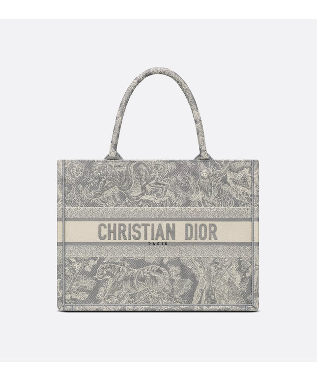 Medium Dior Book Tote Gray and Ecru Toile de Jouy Reverse Embroidery (36 x 27.5 x 16.5 cm)