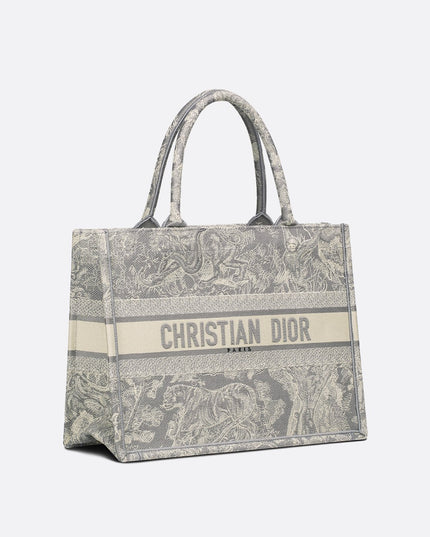 Medium Dior Book Tote Gray and Ecru Toile de Jouy Reverse Embroidery (36 x 27.5 x 16.5 cm)