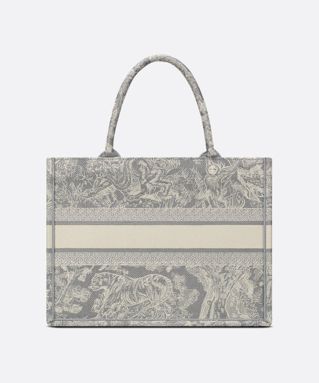 Medium Dior Book Tote Gray and Ecru Toile de Jouy Reverse Embroidery (36 x 27.5 x 16.5 cm)