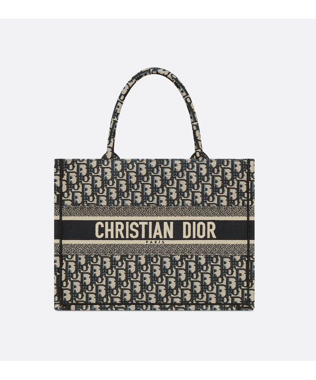 Medium Dior Book Tote Ecru and Blue Dior Oblique Embroidery (36 x 27.5 x 16.5 cm)