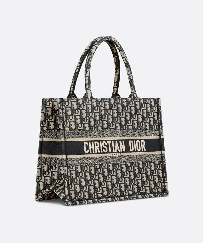Medium Dior Book Tote Ecru and Blue Dior Oblique Embroidery (36 x 27.5 x 16.5 cm)
