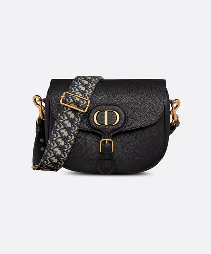Large Dior Bobby Bag Black Grained Calfskin with Blue Dior Oblique Embroidered Shoulder Strap
