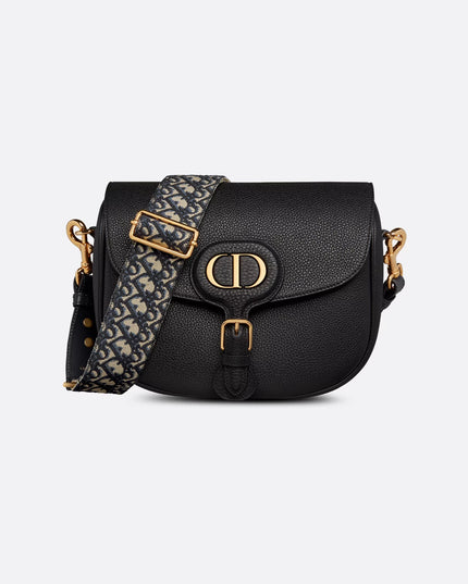 Large Dior Bobby Bag Black Grained Calfskin with Blue Dior Oblique Embroidered Shoulder Strap