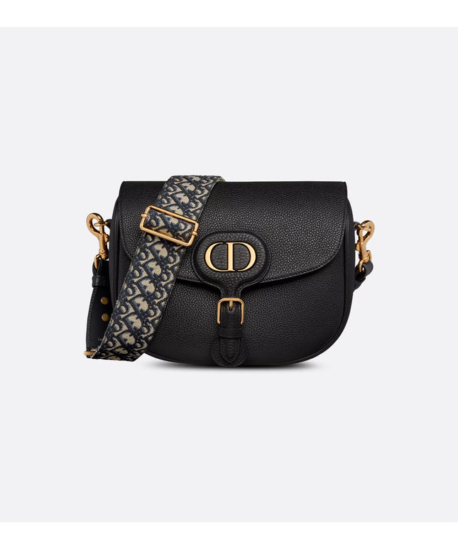 Large Dior Bobby Bag Black Grained Calfskin with Blue Dior Oblique Embroidered Shoulder Strap