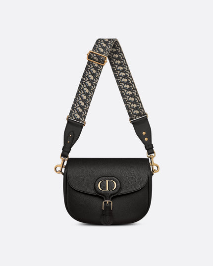 Large Dior Bobby Bag Black Grained Calfskin with Blue Dior Oblique Embroidered Shoulder Strap