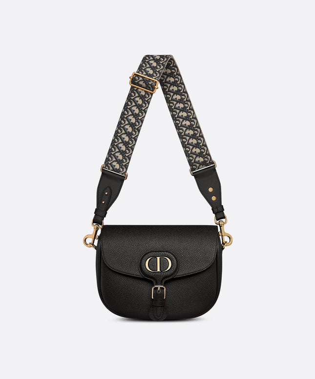 Large Dior Bobby Bag Black Grained Calfskin with Blue Dior Oblique Embroidered Shoulder Strap