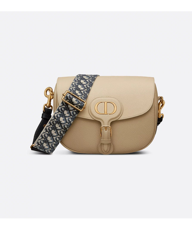 Large Dior Bobby Bag Rope Beige Grained Calfskin with Blue Dior Oblique Embroidered Shoulder Strap