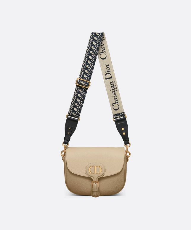 Large Dior Bobby Bag Rope Beige Grained Calfskin with Blue Dior Oblique Embroidered Shoulder Strap