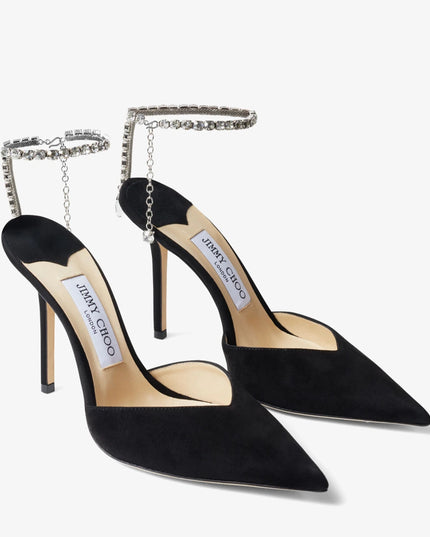 Saeda 100 Black Suede Pumps with Crystal Embellishment