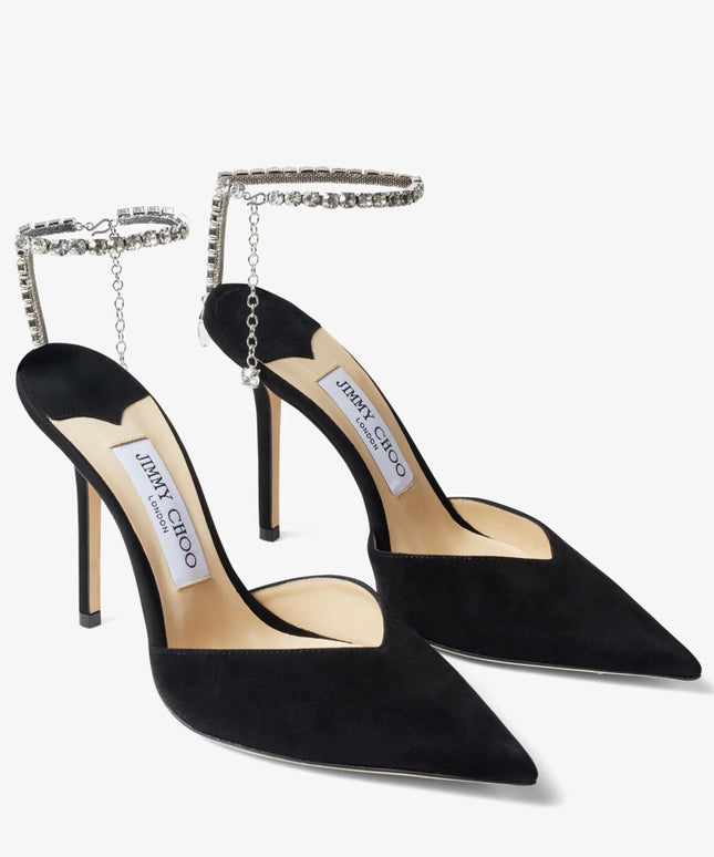 Saeda 100 Black Suede Pumps with Crystal Embellishment
