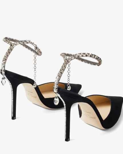 Saeda 100 Black Suede Pumps with Crystal Embellishment