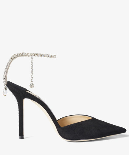 Saeda 100 Black Suede Pumps with Crystal Embellishment