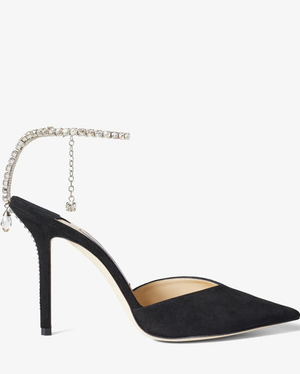 Saeda 100 Black Suede Pumps with Crystal Embellishment